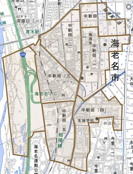 中新田とその周辺の地図。町の範囲を重ねている