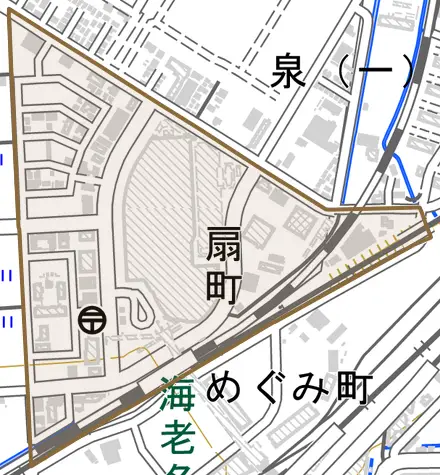 扇町とその周辺の地図。町の範囲を重ねている