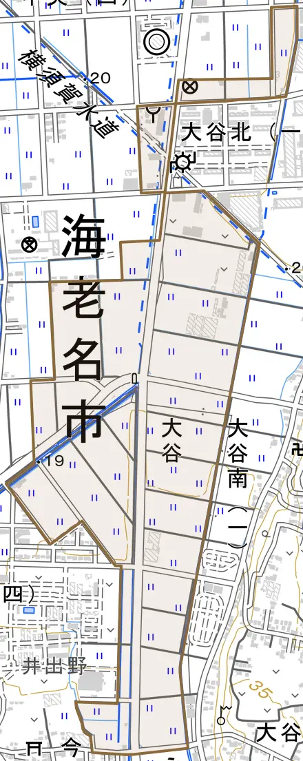 大谷とその周辺の地図。町の範囲を重ねている
