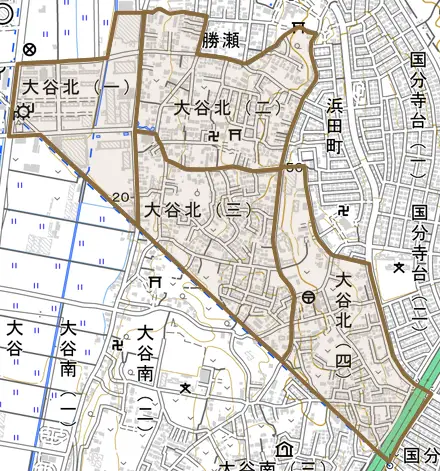 大谷北とその周辺の地図。町の範囲を重ねている