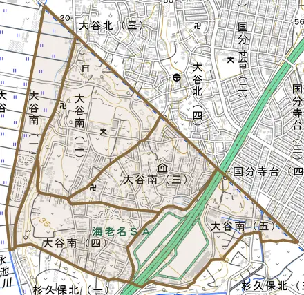大谷南とその周辺の地図。町の範囲を重ねている