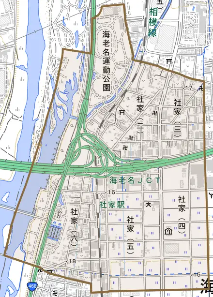 社家とその周辺の地図。町の範囲を重ねている