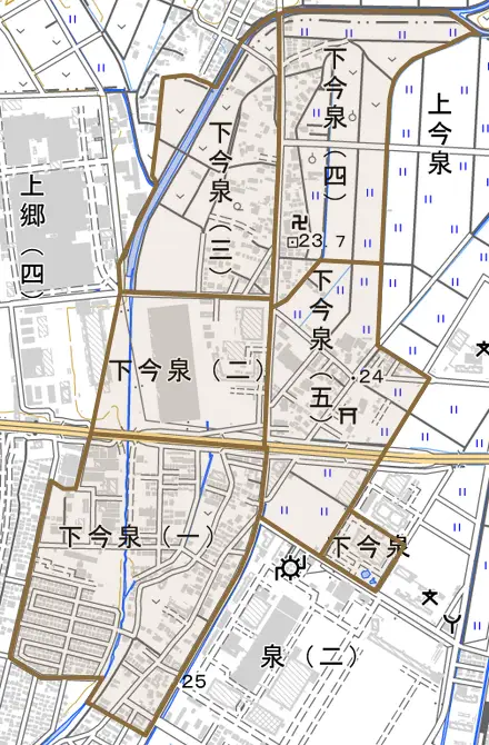 下今泉とその周辺の地図。町の範囲を重ねている