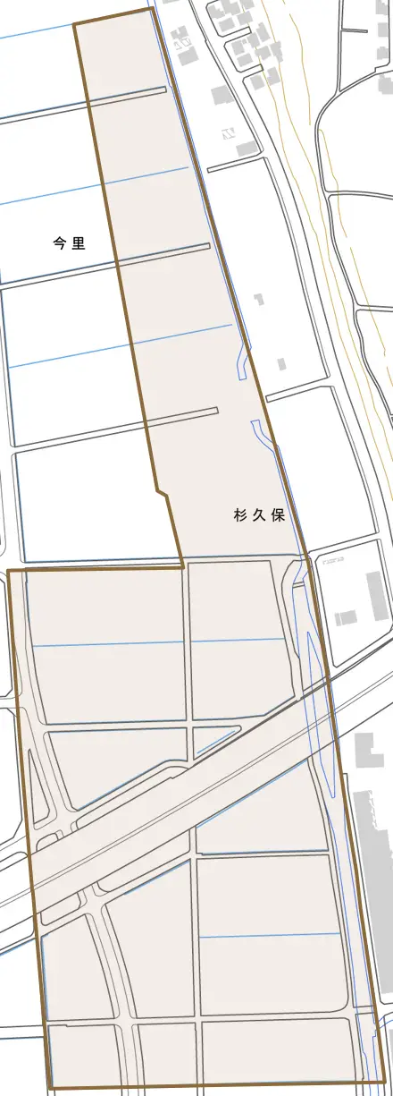 杉久保とその周辺の地図。町の範囲を重ねている