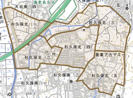 杉久保北とその周辺の地図。町の範囲を重ねている