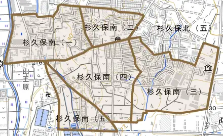 杉久保南とその周辺の地図。町の範囲を重ねている