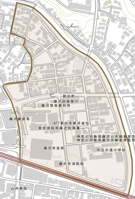 朝日町とその周辺の地図。町の範囲を重ねている