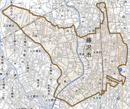 長後とその周辺の地図。町の範囲を重ねている