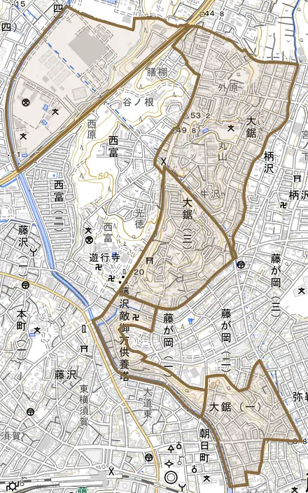 大鋸とその周辺の地図。町の範囲を重ねている