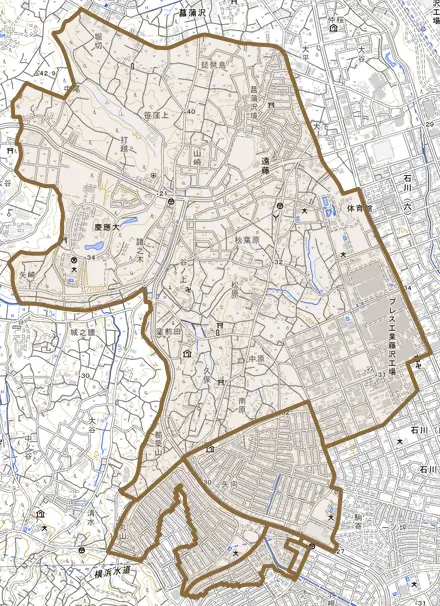 遠藤とその周辺の地図。町の範囲を重ねている