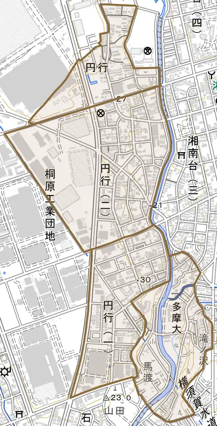 円行とその周辺の地図。町の範囲を重ねている