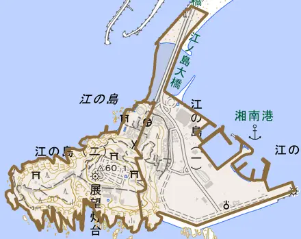 江の島とその周辺の地図。町の範囲を重ねている