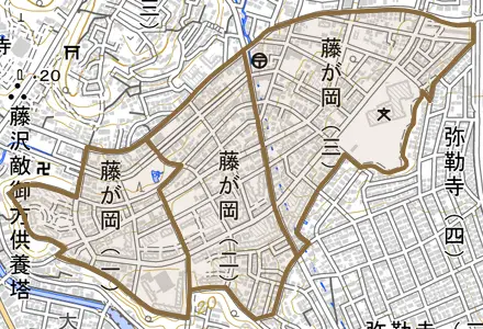 藤が岡とその周辺の地図。町の範囲を重ねている