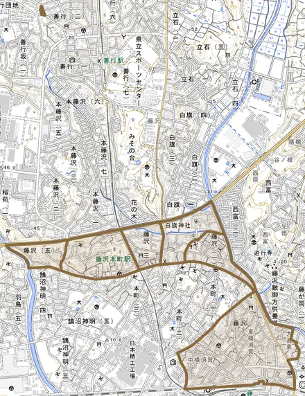 藤沢とその周辺の地図。町の範囲を重ねている