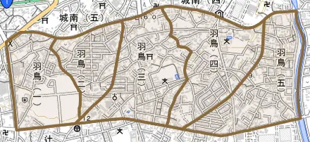羽鳥とその周辺の地図。町の範囲を重ねている