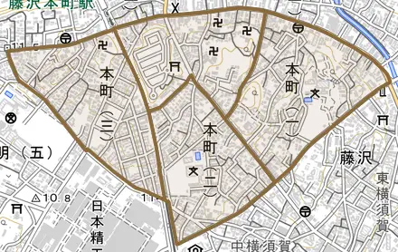 本町とその周辺の地図。町の範囲を重ねている
