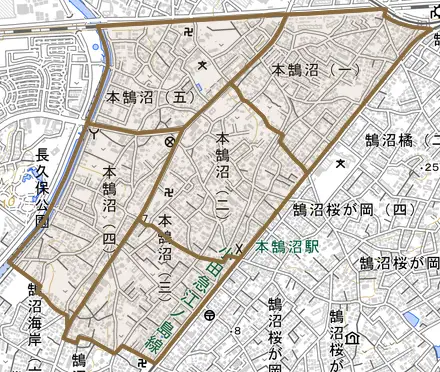 本鵠沼とその周辺の地図。町の範囲を重ねている