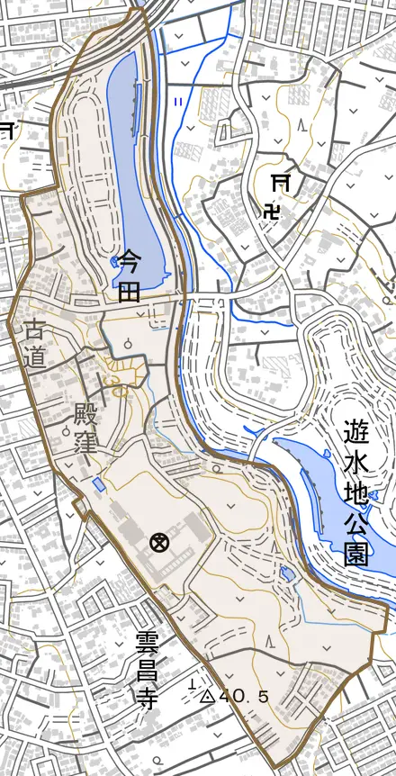今田とその周辺の地図。町の範囲を重ねている