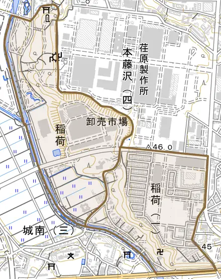 稲荷とその周辺の地図。町の範囲を重ねている