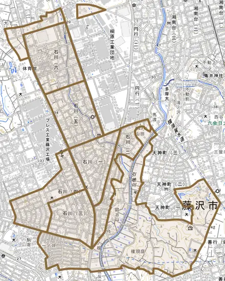 石川とその周辺の地図。町の範囲を重ねている