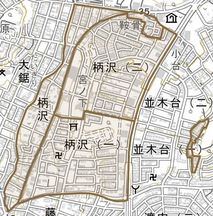 柄沢とその周辺の地図。町の範囲を重ねている