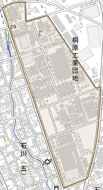 桐原町とその周辺の地図。町の範囲を重ねている