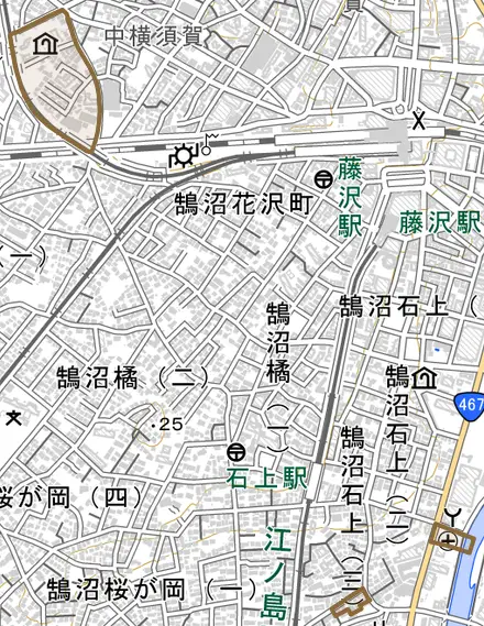 鵠沼とその周辺の地図。町の範囲を重ねている