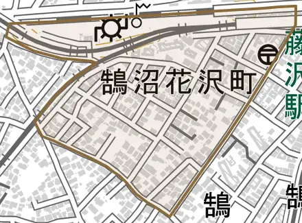 鵠沼花沢町とその周辺の地図。町の範囲を重ねている