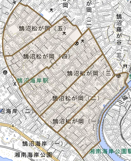 鵠沼松が岡とその周辺の地図。町の範囲を重ねている