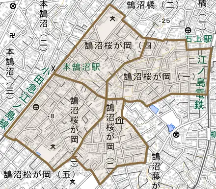 鵠沼桜が岡とその周辺の地図。町の範囲を重ねている