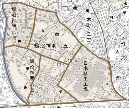 鵠沼神明とその周辺の地図。町の範囲を重ねている