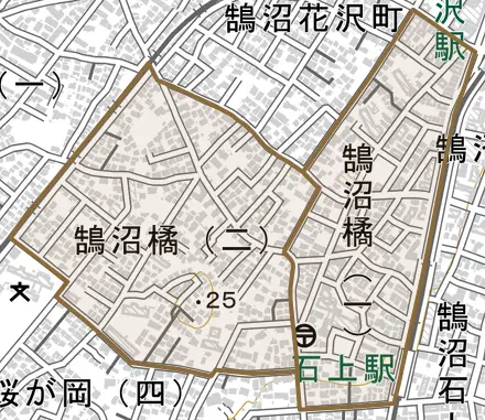 鵠沼橘とその周辺の地図。町の範囲を重ねている