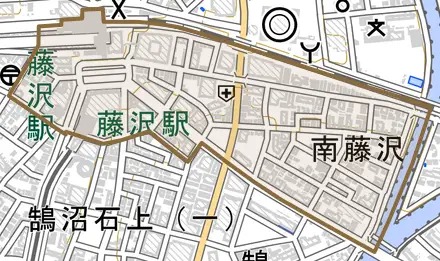 南藤沢とその周辺の地図。町の範囲を重ねている
