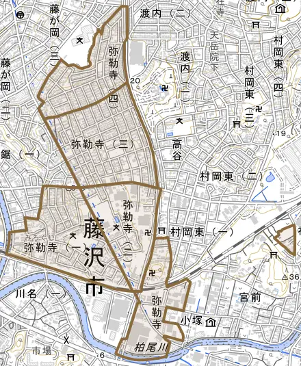 弥勒寺とその周辺の地図。町の範囲を重ねている