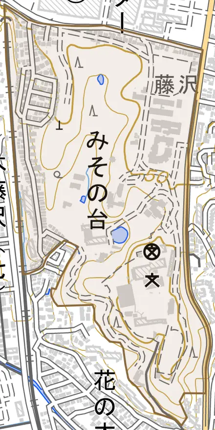 みその台とその周辺の地図。町の範囲を重ねている