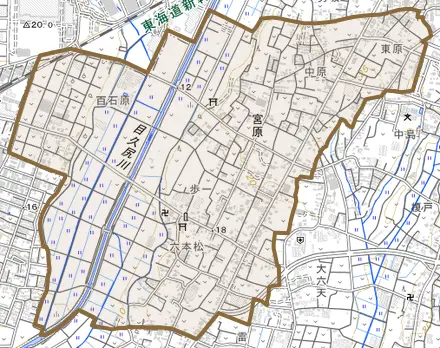 宮原とその周辺の地図。町の範囲を重ねている