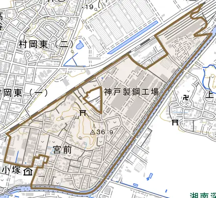 宮前とその周辺の地図。町の範囲を重ねている