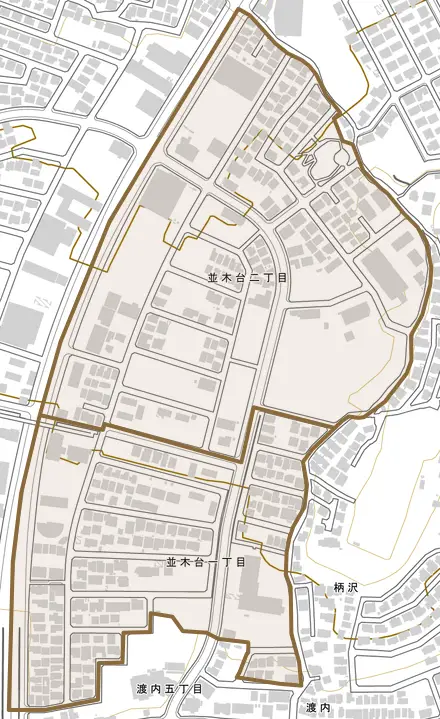 並木台とその周辺の地図。町の範囲を重ねている