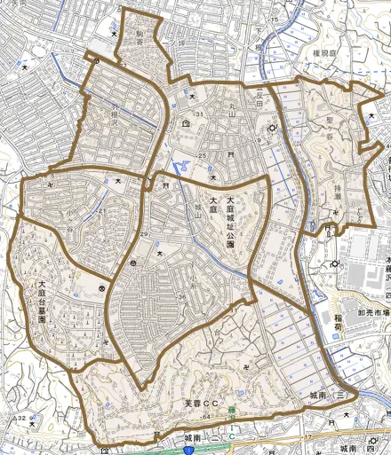 大庭とその周辺の地図。町の範囲を重ねている