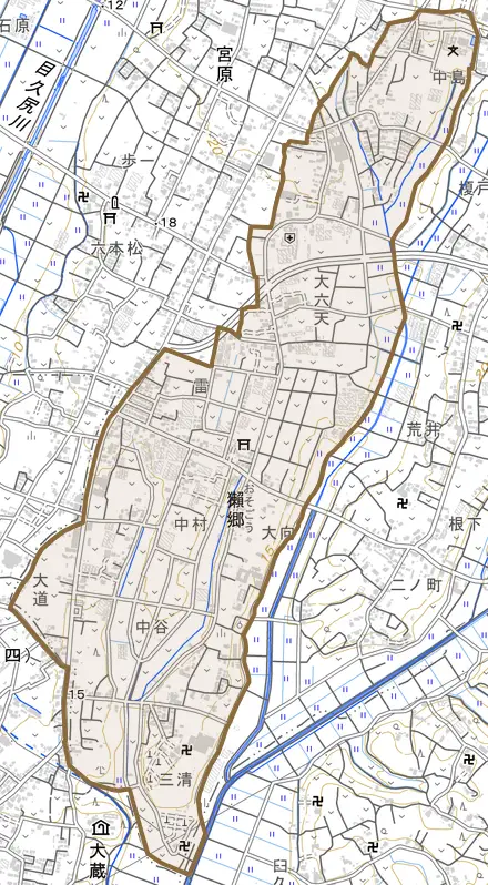 獺郷とその周辺の地図。町の範囲を重ねている