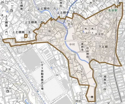 下土棚とその周辺の地図。町の範囲を重ねている