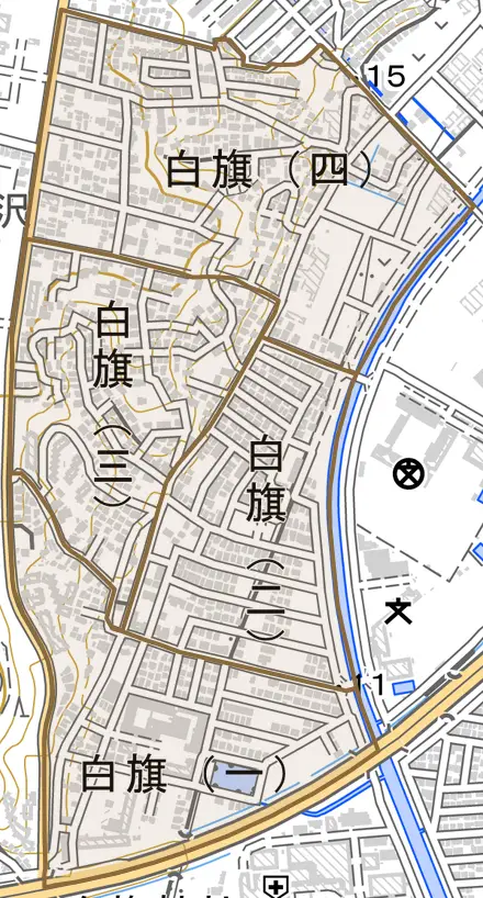白旗とその周辺の地図。町の範囲を重ねている