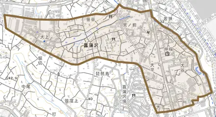 菖蒲沢とその周辺の地図。町の範囲を重ねている