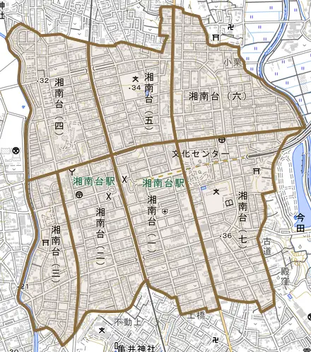 湘南台とその周辺の地図。町の範囲を重ねている
