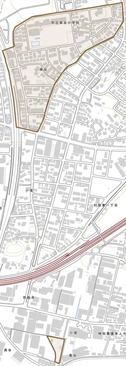 高谷とその周辺の地図。町の範囲を重ねている