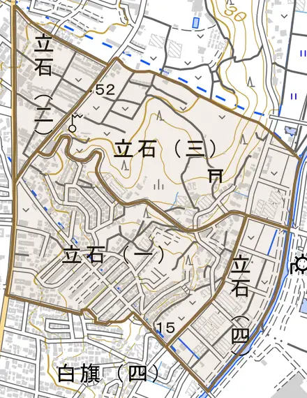 立石とその周辺の地図。町の範囲を重ねている