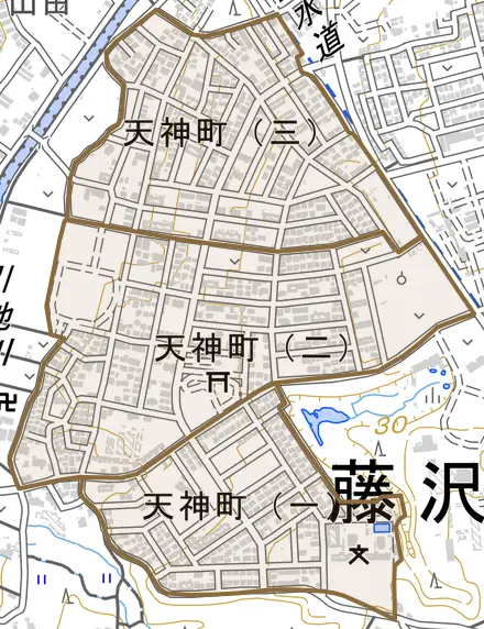天神町とその周辺の地図。町の範囲を重ねている