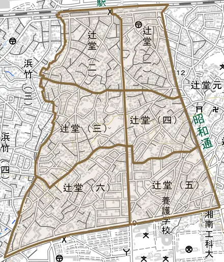辻堂とその周辺の地図。町の範囲を重ねている