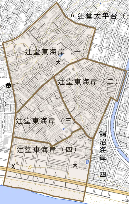 辻堂東海岸とその周辺の地図。町の範囲を重ねている