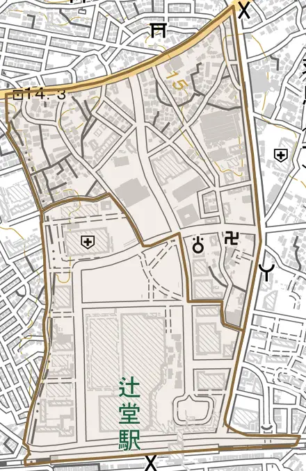 辻堂神台とその周辺の地図。町の範囲を重ねている
